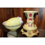 A VINTAGE CERAMIC STAND WITH FIGURAL DETAIL, TOGETHER WITH A CERAMIC WATER JUG AND BOWL SET