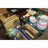 FOUR TRAYS OF ASSORTED CERAMICS AND COLLECTABLES TO INCLUDE A CUT GLASS JUG, VINTAGE RADIO, BOOKS
