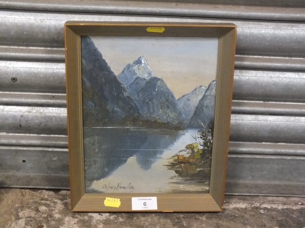 A FRAMED OIL ON BOARD OF A MOUNTAINOUS LAKE SCENE BY COLLEEN HAMILTON (NEW ZEALAND ARTIST) - H 24. - Bild 2 aus 4