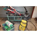 METAL PULL TROLLEY CONTAINING ASSORTED GARDEN TOOLS ETC TOGETHER WITH A LAVOR TIGER PRESSURE WASHER