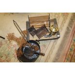 A QUANTITY OF ASSORTED METALWARE TO INCLUDE MINIATURE GARDEN BENCHES, COAL BUCKET, OIL LAMP ETC