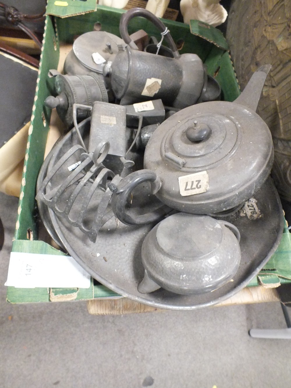 A TRAY OF HAMMERED FINISHED PEWTER, VINTAGE PRAYER WHEEL, ETC TOGETHER WITH A LARGE COPPER CHARGER