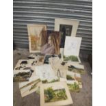 A QUANTITY OF UNFRAMED PICTURES TO INCLUDE PENCIL DRAWINGS, WATERCOLOURS ETC
