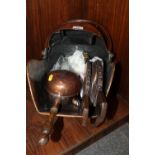 A VINTAGE COPPER COAL SCUTTLE WITH SHOVEL, TOGETHER WITH A SET OF OAK BELLOWS