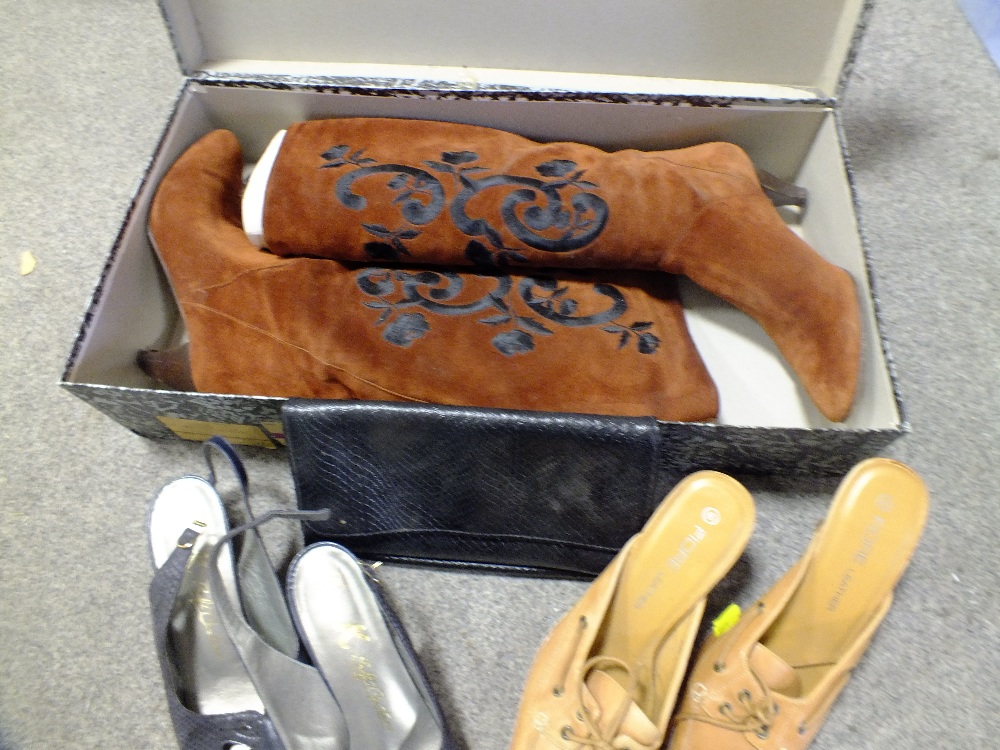 A PAIR OF BOXED J.RENEE ITALIAN LEATHER HIGH HEAL BOOTS, TOGETHER WITH TWO OTHER PAIRS OF SHOES