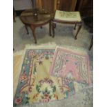 A SMALL MAHOGANY OCCASIONAL TABLE, STOOL AND TWO CHINESE RUGS (4)