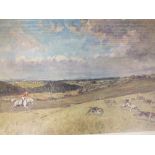 A FRAMED AND GLAZED HUNTING SCENE PRINT BY TOM CARR SIGNED IN PENCIL TO MOUNT - H 41 CM BY W 57 CM