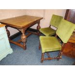 A HEAVY OAK JACOBEAN STYLE DRAWLEAF TABLE AND TWO CHAIRS-TABLE H-76 W-122 CM EXTENDED 182 CM