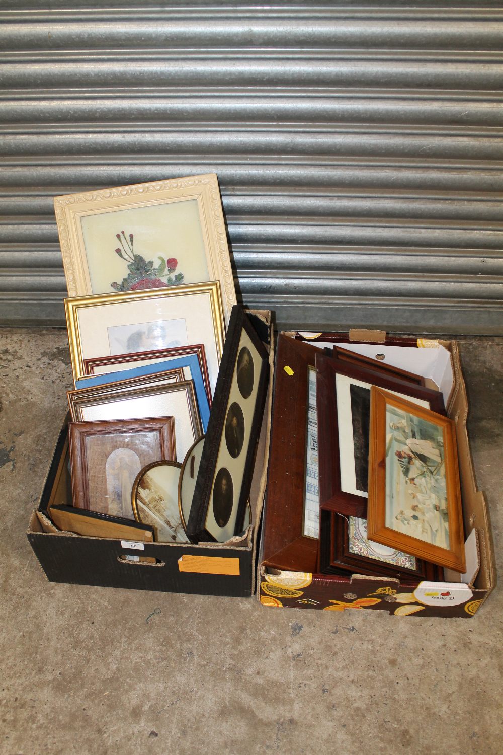 TWO BOXES OF ASSORTED PICTURES AND PRINTS TO INCLUDE A FLORAL OIL PAINTED ON MILK GLASS, RELIGIOUS