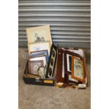 TWO BOXES OF ASSORTED PICTURES AND PRINTS TO INCLUDE A FLORAL OIL PAINTED ON MILK GLASS, RELIGIOUS