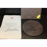 A WWI DEATH PLAQUE / DEATH PENNY AWARDED TO WARWICK ROBINSON WITH BOX AND PAPERWORK