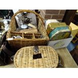 A BOX OF VINTAGE TINS TOGETHER WITH A WHICKER PICNIC BASKET AND CONTENTS