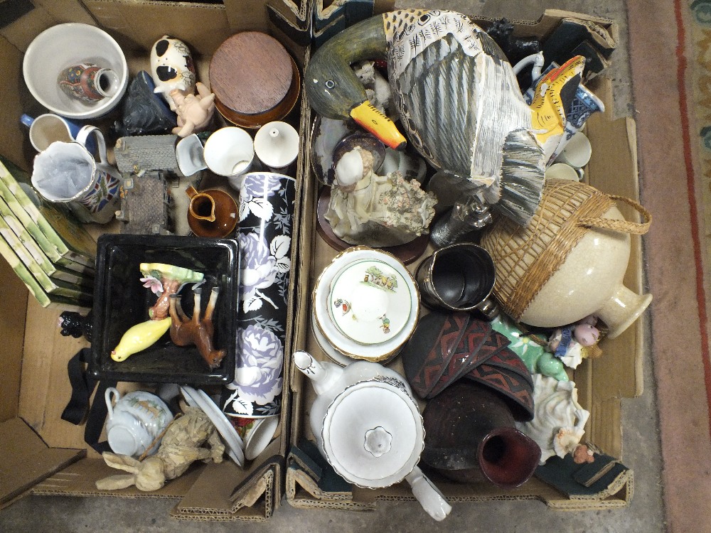 TWO TRAYS OF ASSORTED CERAMICS TO INCLUDE TUBE LINED TILES, COFFEE POT ETC