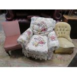 AN EDWARDIAN UPHOLSTERED CHAIR TOGETHER WITH A COUNTRY HOUSE STYLE ARMCHAIR AND ANOTHER CHAIR (3)