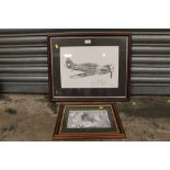A FRAMED AND GLAZED RAF INTEREST WWII PRINT OF A SPITFIRE TOGETHER WITH AN ASSOCIATED FRAME AND