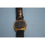 A 1970S OMEGA DE VILLE GENTLEMAN'S GOLD PLATED WRISTWATCH ON LEATHER STRAP WITH OMEGA BUCKLE