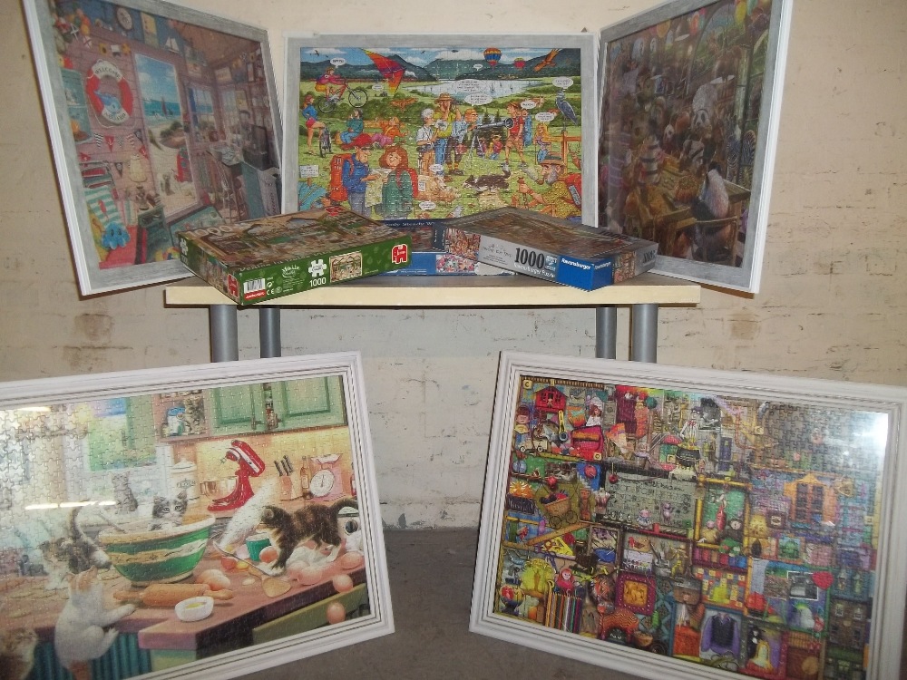 FIVE FRAMED 1000 PIECE JIGSAWS AND THREE NEW BOXED JIGSAWS