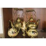FIVE ASSORTED TEAPOTS TO INCLUDE BRASS EXAMPLES
