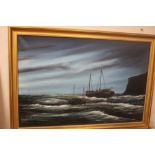 AN OIL ON CANVAS DEPICTING A SHIP ON A STORMY SEA SIGNED MORLEY WESCOMB, 84.5 X 59 CM