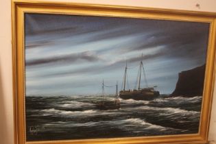AN OIL ON CANVAS DEPICTING A SHIP ON A STORMY SEA SIGNED MORLEY WESCOMB, 84.5 X 59 CM