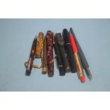 A COLLECTION OF VINTAGE FOUNTAIN PENS, A PENCIL ETC.