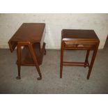 A DROP LEAF SERVING TROLLEY AND A SIDE TABLE WITH DRAWER