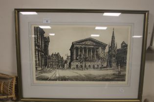 A FRAMED JAMES PRIDDY SIGNED ETCHING OF CHAMBERLAIN'S PLACE, BIRMINGHAM, 68 X 50 CM