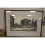 A FRAMED JAMES PRIDDY SIGNED ETCHING OF CHAMBERLAIN'S PLACE, BIRMINGHAM, 68 X 50 CM