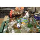 TWO TRAYS OF CERAMICS AND GLASSWARE TO INCLUDE THIMBLES, CLOCK, KODAK CAMERA, BUFFET SET ETC. (TRAYS