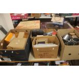 FOUR TRAYS OF SUNDRIES TO INCLUDE TANKARDS, ELECTRICAL COMPONENTS ETC. (TRAYS NOT INCLUDED)`