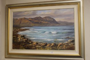 AN OIL ON CANVAS, "CAPE SEASCAPE" BY SOUTH AFRICAN ARTIST DAVID ERRINGTON, 120 X 72 CM