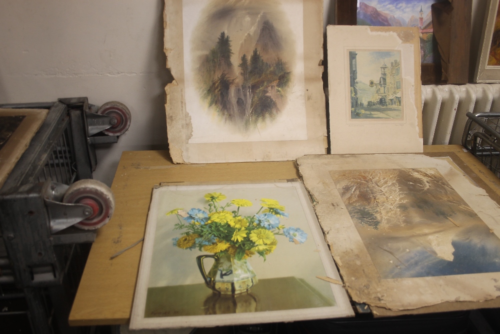 A FOLIO OF ASSORTED WATERCOLOURS, PRINTS AND A RELIGIOUS SIGN