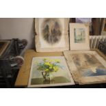 A FOLIO OF ASSORTED WATERCOLOURS, PRINTS AND A RELIGIOUS SIGN