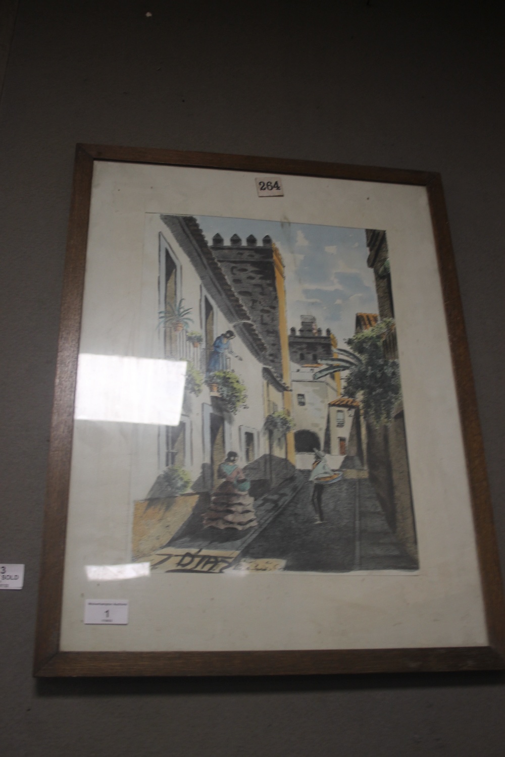 A FRAMED AND GLAZED STREET SCENE SIGNED "DIAZ" 58 X 44 CM (5588A)