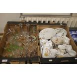 A TRAY OF GLASSWARE TOGETHER WITH A TRAY OF CERAMICS TO INCLUDE HANDPAINTED DISHES, SOME MARKED "D C