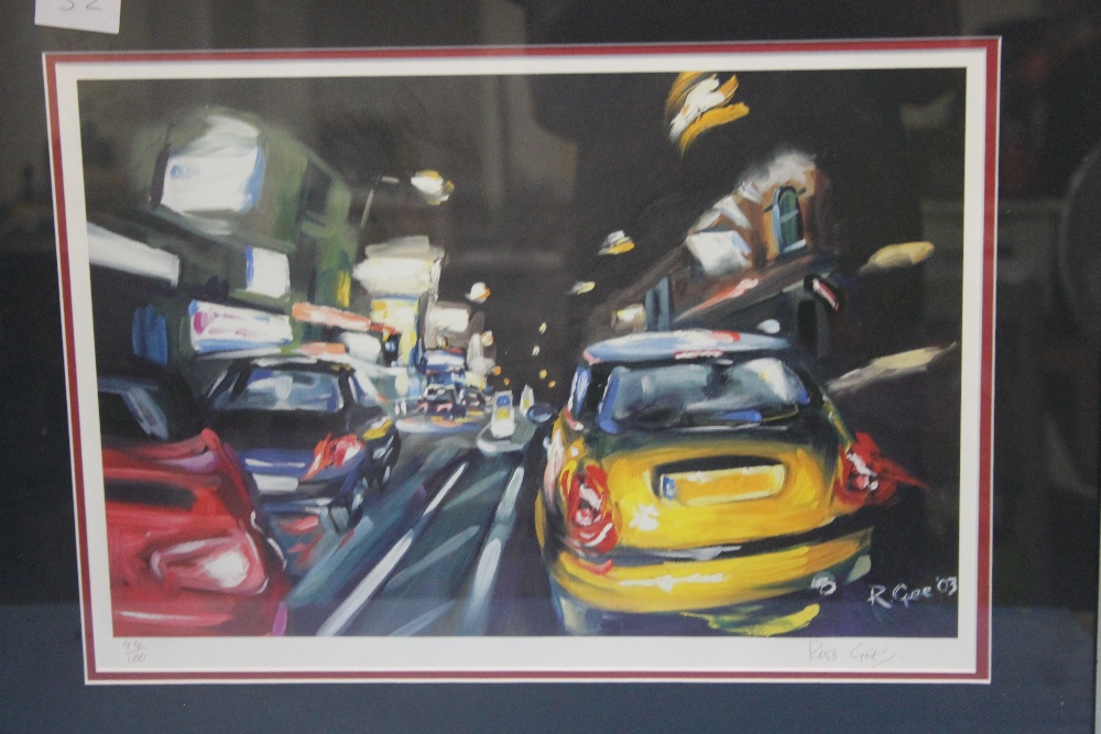 A FRAMED AND GLAZED PRINT OF A CITY STREET SCENE SIGNED LOWER RIGHT ROSS GEE 57 CM X 44.5 CM