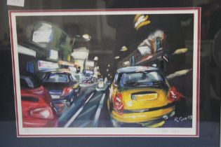A FRAMED AND GLAZED PRINT OF A CITY STREET SCENE SIGNED LOWER RIGHT ROSS GEE 57 CM X 44.5 CM
