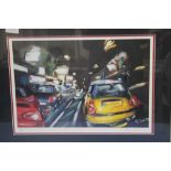 A FRAMED AND GLAZED PRINT OF A CITY STREET SCENE SIGNED LOWER RIGHT ROSS GEE 57 CM X 44.5 CM