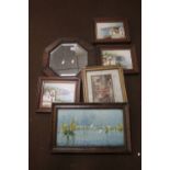 FOUR PICTURES AND PRINTS ALONG WITH AN OAK FRAMED HEXAGONAL BEVEL EDGED MIRROR, SMALL WICKER CHAIR