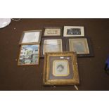 SIX FRAMED PICTURES OF VARIOUS SUBJECTS TOGETHER WITH A REPRODUCTION CARY MAP OF STAFFORDSHIRE,