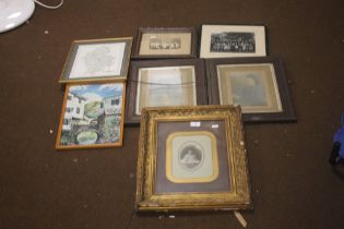 SIX FRAMED PICTURES OF VARIOUS SUBJECTS TOGETHER WITH A REPRODUCTION CARY MAP OF STAFFORDSHIRE,