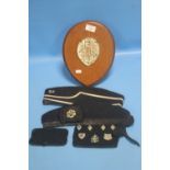 A MILITARY TYPE PLAQUE, MILITARY BADGES, BOYS BRIGADE CAP ETC.