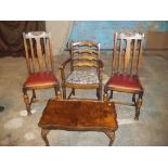 TWO ANTIQUE DINING CHAIRS, A MODERN CARVER CHAIR AND A COFFEE TABLE WITH BALL AND CLAW CABRIOLE