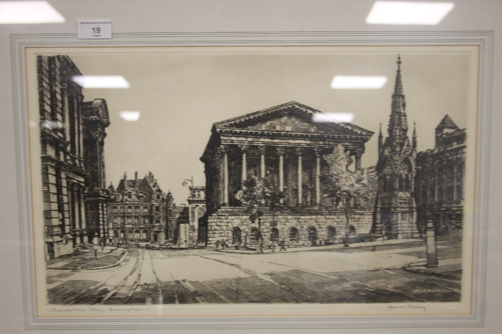 A FRAMED JAMES PRIDDY SIGNED ETCHING OF CHAMBERLAIN'S PLACE, BIRMINGHAM, 68 X 50 CM - Image 2 of 3