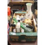 A TRAY OF CERAMICS AND GLASSWARE TO INCLUDE AN UNUSUAL DECANTER IN THE FORM OF A BOOK (TRAYS NOT