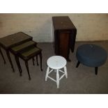 A DROP LEAF TABLE, REPRODUCTION NEST OF THREE TABLES WITH LEATHER INLAY, AN ANTIQUE PAINTED STOOL