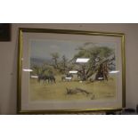A LARGE LIMITED EDITION SIGNED PRINT BY DONALD GRANT TITLED "ZEBRAS GRAZING" IN A GILT FRAME, 116