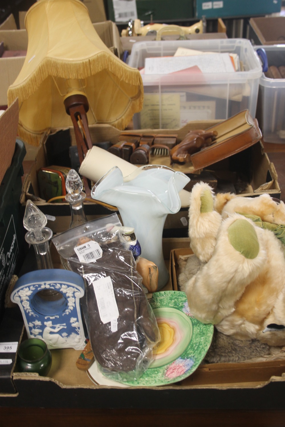 TWO TRAYS OF SUNDRIES AND CERAMICS TO INCLUDE TREEN (TRAYS NOT INCLUDED)