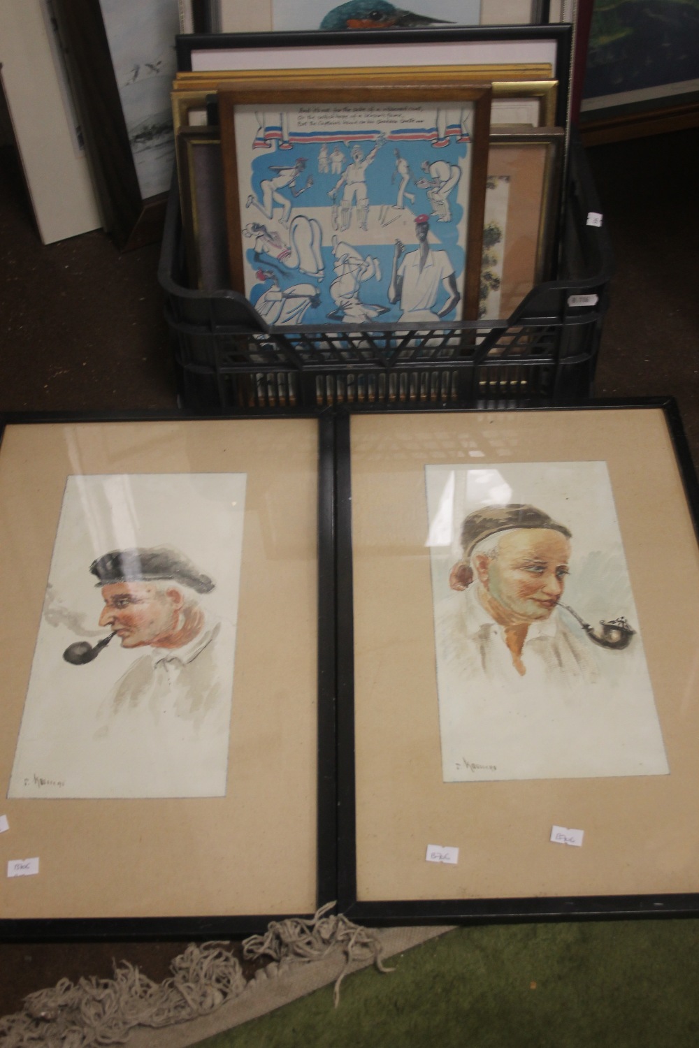 A BOX OF 14 ASSORTED WATERCOLOURS AND PRINTS TO INCLUDE A PAIR OF WATERCOLOUR PORTRAITS SIGNED J.