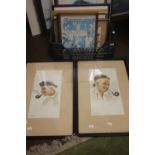 A BOX OF 14 ASSORTED WATERCOLOURS AND PRINTS TO INCLUDE A PAIR OF WATERCOLOUR PORTRAITS SIGNED J.